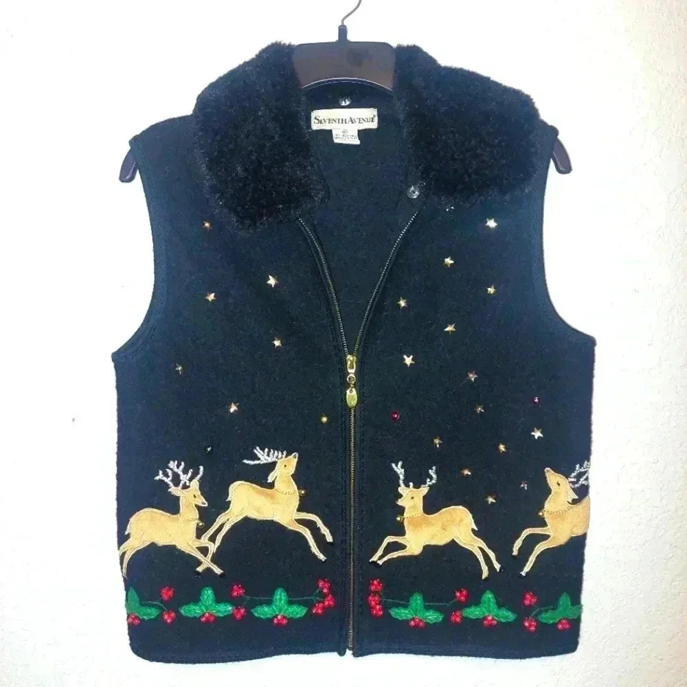 Seventh Avenue Christmas Sweater Vest Reindeer Size Medium Boiled Wool - Picture 1 of 9